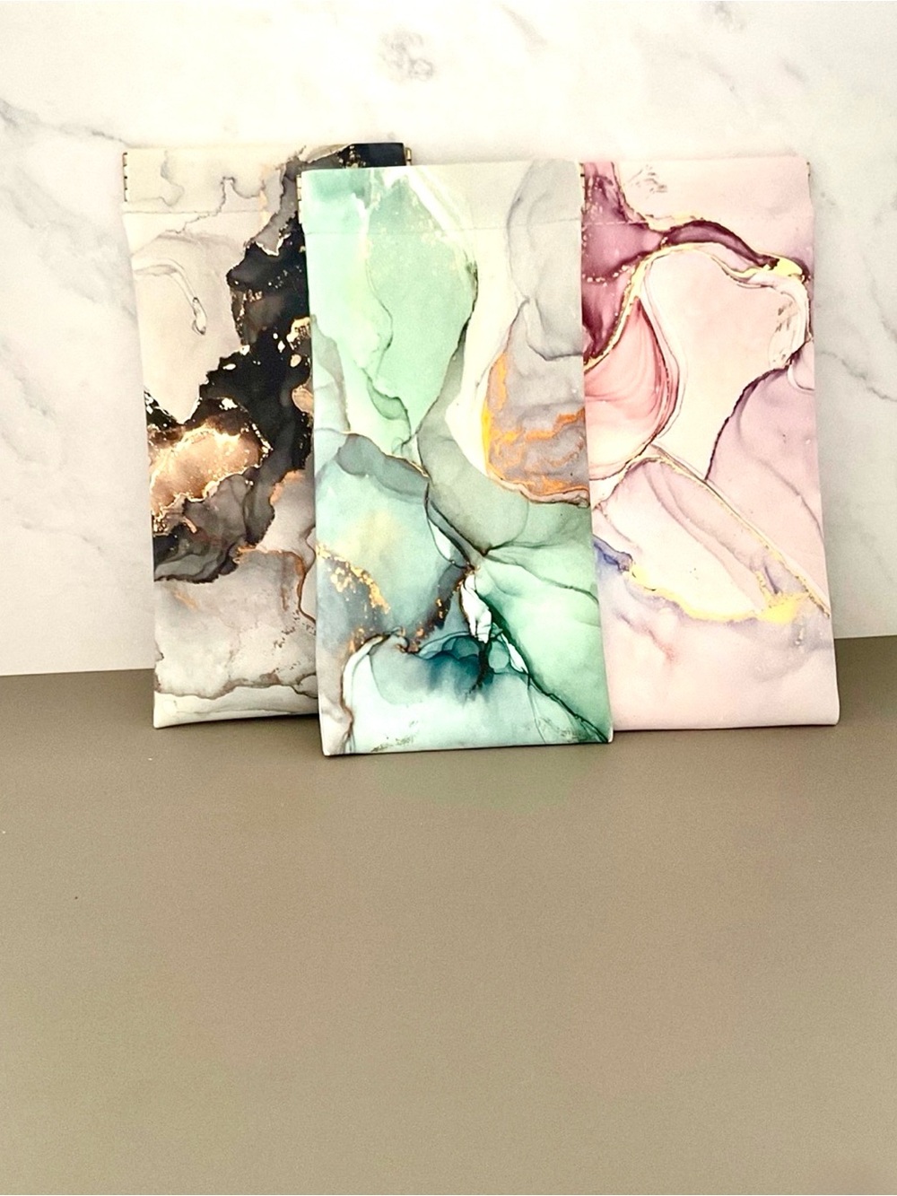 🕶️ 3 pcs. Abstract Marble Squeeze-Top Sunglass Pouch Set: Mint, Blush & Charcoal